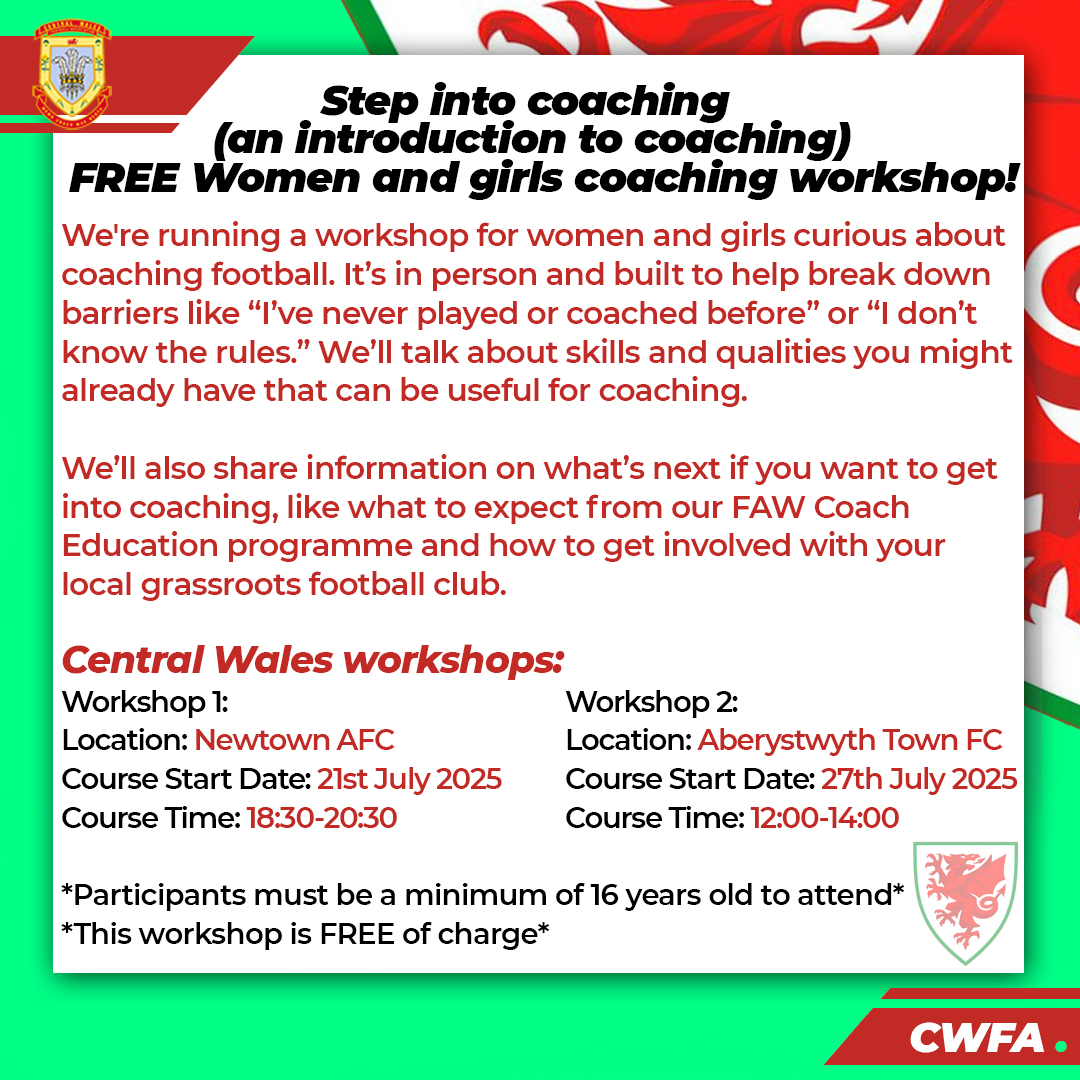 Central Wales FA (@centralwalesfa) on Twitter photo Anyone wanting to start their coaching journey for women & girls, there's free workshops taking place, to sign up see link below.
fawcourses.com/category/footb…
If you need further info or any support please contact:
Oli Williams (owilliams@faw.cymru) or Mark Bull (mbull@faw.cymru) Anyone wanting to start their coaching journey for women & girls, there's free workshops taking place, to sign up see link below.
fawcourses.com/category/footb…
If you need further info or any support please contact:
Oli Williams (owilliams@faw.cymru) or Mark Bull (mbull@faw.cymru)