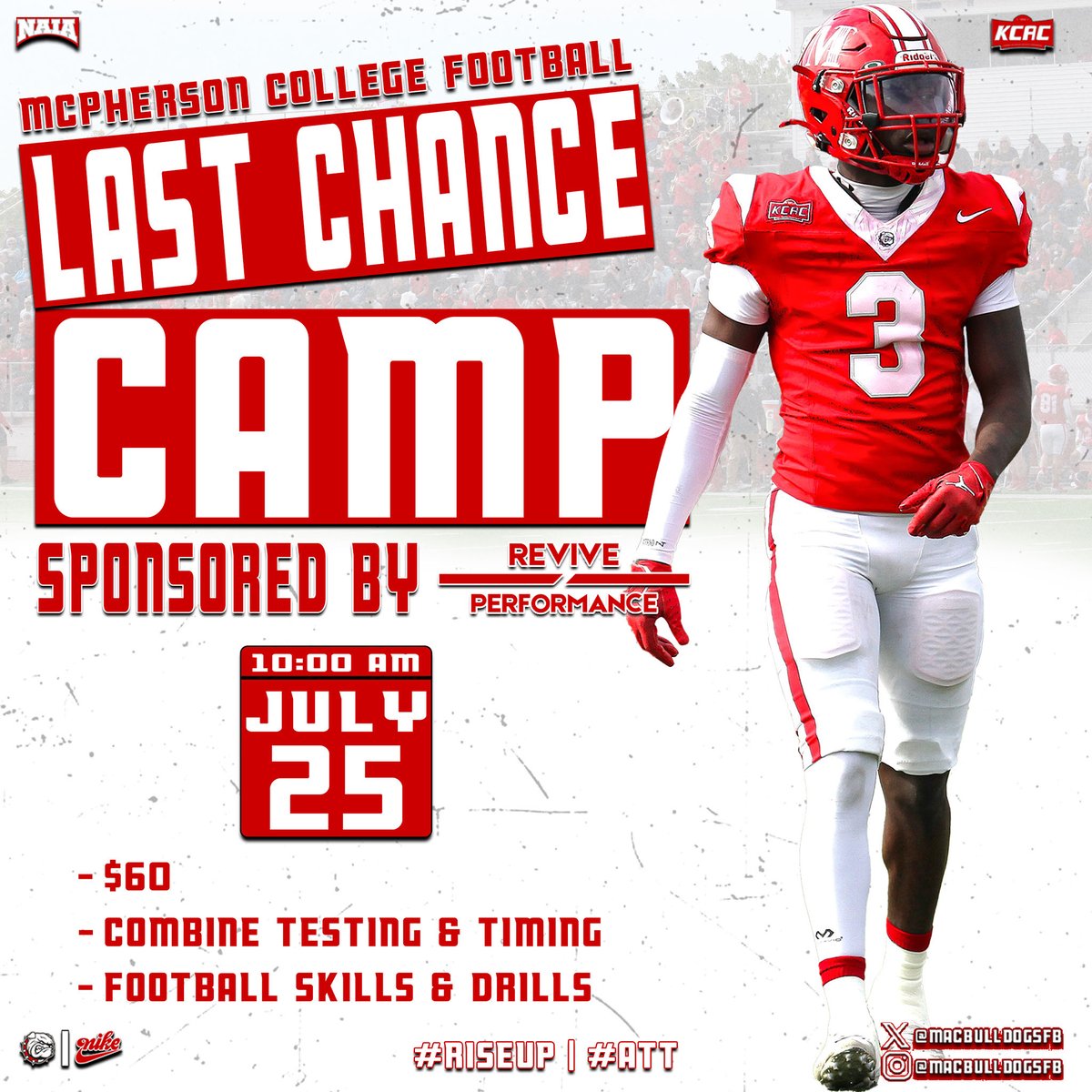Kegan Schumann (@schumannkegan) on Twitter photo 📍July 25th McPherson College Last Chance Prospect Camp - camp is filling up fast!
📅Make sure and get registered asap. Come out and meet <a href="/CoachJFisc/">Coach Fiscus</a> <a href="/CoachLeppke/">Mitch Leppke</a> and the rest of the McPherson College coaching staff.
Full registration ends July 17th! Don't miss out! 📍July 25th McPherson College Last Chance Prospect Camp - camp is filling up fast!
📅Make sure and get registered asap. Come out and meet <a href="/CoachJFisc/">Coach Fiscus</a> <a href="/CoachLeppke/">Mitch Leppke</a> and the rest of the McPherson College coaching staff.
Full registration ends July 17th! Don't miss out!