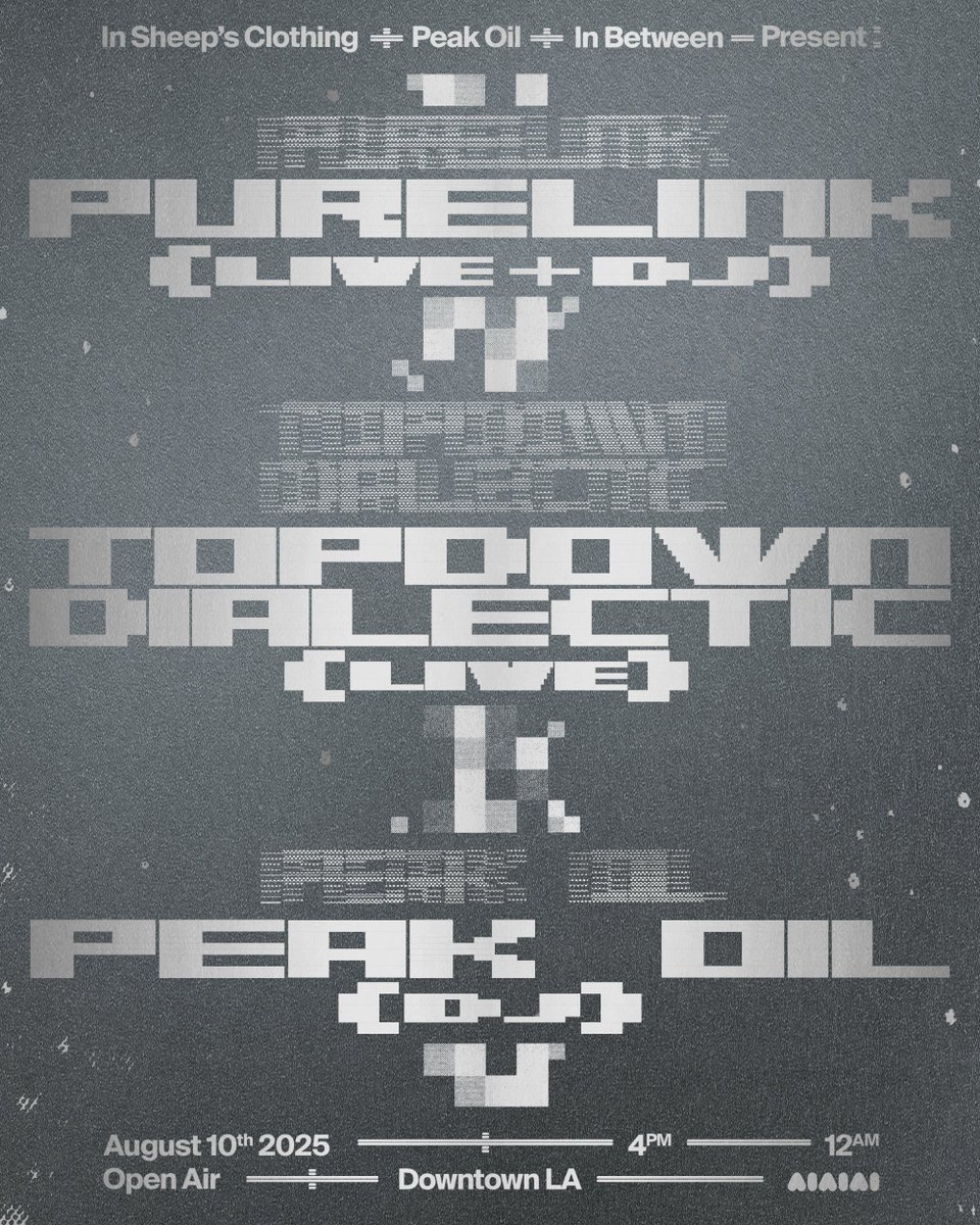 insheepshifi's tweet image. Brooklyn-based trio Purelink returns to Los Angeles for their first live set since 2022 alongside the elusive Topdown Dialectic for a Peak Oil @askyourpillow showcase!
OPEN AIR venue ~ Not to be missed...
Early Bird Tix: ra.co/events/2212851