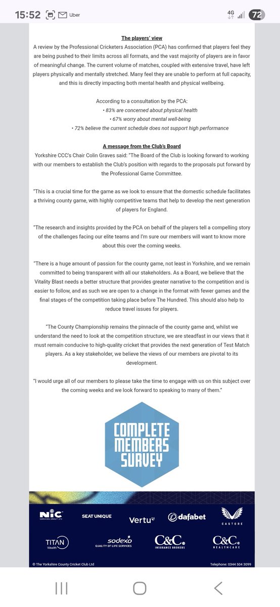 In 2022 Yorkshire members passed a resolution by a 99% vote to say that their board needed to get prior permission from the membership before they could vote to reduce the county championship. Here is the email the club has sent members today.