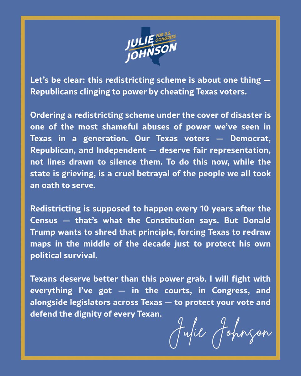 juliejohnsonTX's tweet image. Trump’s redistricting power grab is an insult to every Texan — Democrat, Republican, and Independent. I’m fighting back in Congress, in court, and across Texas to defend your vote and your voice. #FairMaps #ImWithJulie #TX32 #TXredistricting