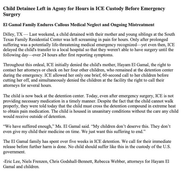 Urgent update: one of the El Gamal children has suffered a serious medical emergency in ICE detention.