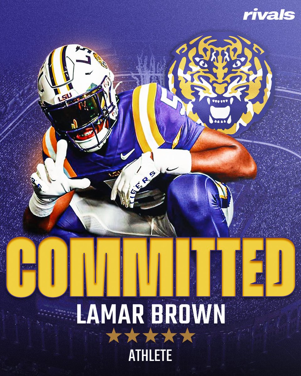 🚨BREAKING🚨 5-star ATH Lamar Brown has committed to LSU🐯

Brown is the No. 1 ATH in the 2026 class.

Read: on3.com/rivals/news/ls…