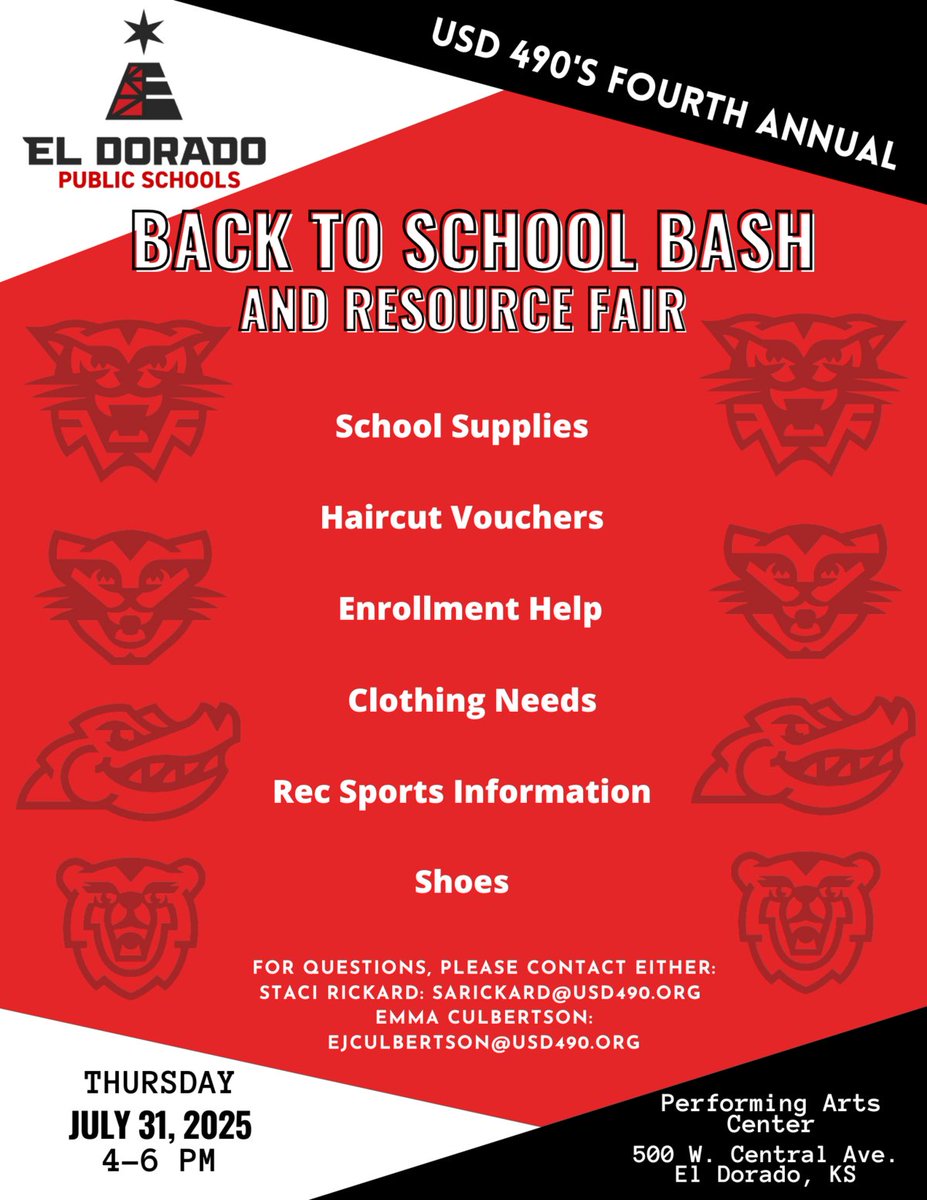 El Dorado USD 490 (@eldoradousd490) on Twitter photo Bring your bike to the Back to School Bash on July 31 to get it ready to roll for the first day of school! #PartOfThePride psqr.io/slO0wzujF2 via <a href="/ParentSquare/">ParentSquare</a> Bring your bike to the Back to School Bash on July 31 to get it ready to roll for the first day of school! #PartOfThePride psqr.io/slO0wzujF2 via <a href="/ParentSquare/">ParentSquare</a>