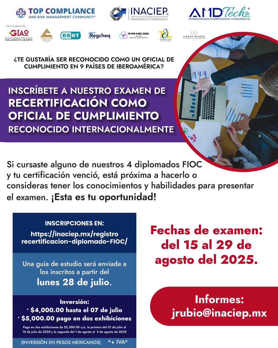 🚨Si cursaste el Diplomado FIOC, ¡ya puedes registrarte para el examen de recertificación!
🗓️ Examen: del 15 al 29 de agosto 2025
🔗 Registro: inaciep.mx/registro-recer…
📄 Info: giaoanticorrupcion.mx/AvisoFioc2025.…
#FIOC
