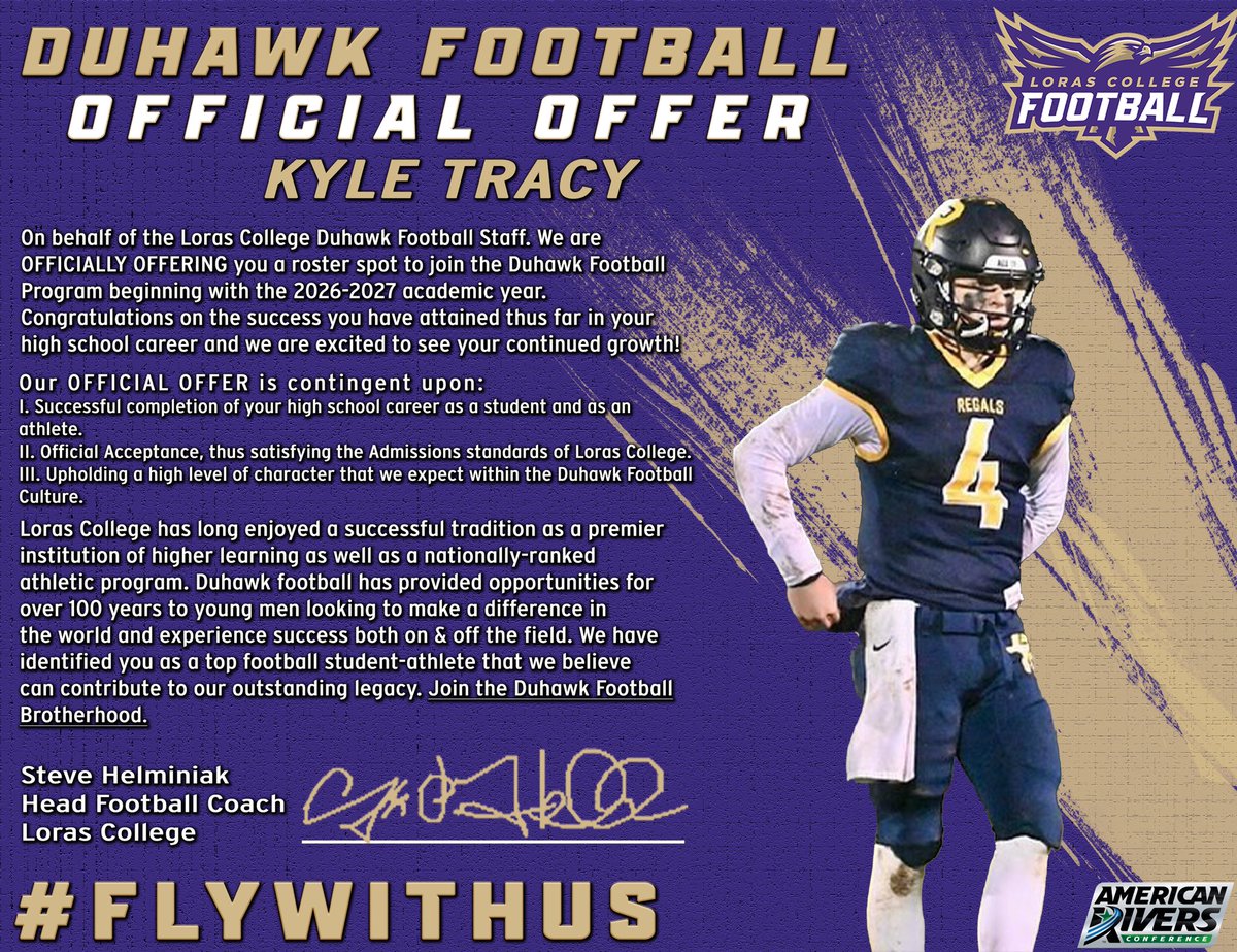Kyle Tracy (@kyle_tracy12) on Twitter photo After speaking with <a href="/CoachHLorasFB/">Steve Helminiak</a>, I am blessed to have an offer from Loras!
<a href="/FootballCoachO/">Coach Jake Olsen</a> <a href="/CoachJPWR/">Coach Powers</a> After speaking with <a href="/CoachHLorasFB/">Steve Helminiak</a>, I am blessed to have an offer from Loras!
<a href="/FootballCoachO/">Coach Jake Olsen</a> <a href="/CoachJPWR/">Coach Powers</a>