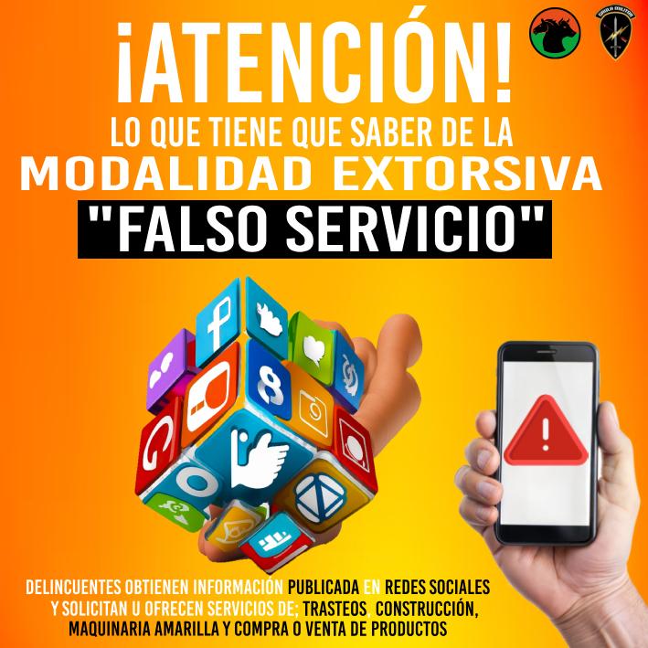 Ejercito_Div8's tweet image. 🇨🇴¡Cuidado con la modalidad extorsiva 'Falso Servicio'! Delincuentes usan información pública para ofrecer servicios de trasteos, construcción, maquinaria y compra/venta de productos.
El @GaulaMilitares y la #Brigada16 lo alertan. ¡Denuncie al #Línea147 si sospecha de algo!…