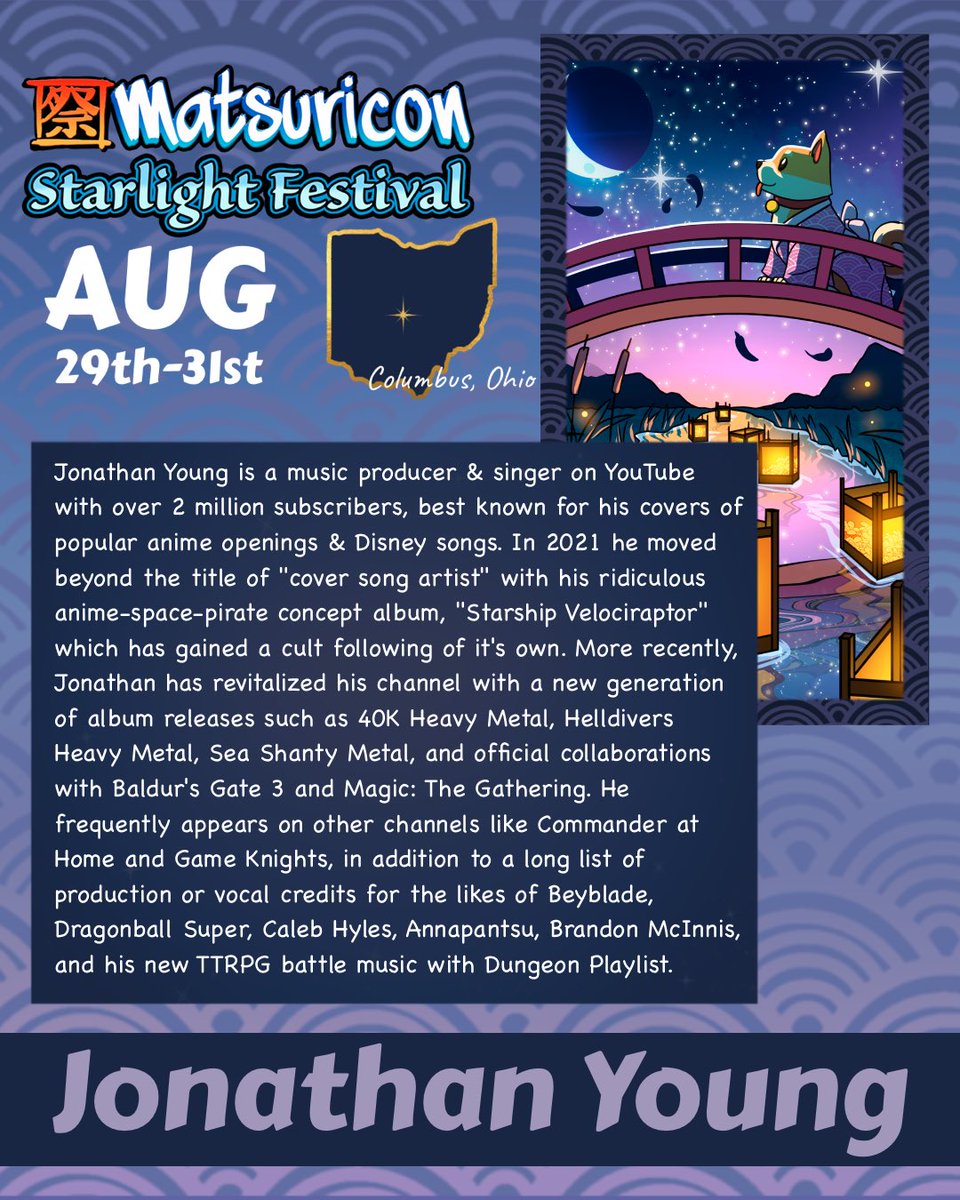 Please join us in welcoming <a href="/JonathanYMusic/">Jonathan Young</a> to Matsuricon 2025. Singer and producer Jonathan has been adding his metal flare to music for over 10 years. Since then he's released full albums such as Starship Velociraptor and Sea Shanty Metal.
matsuricon.org/guests/2025-gu…