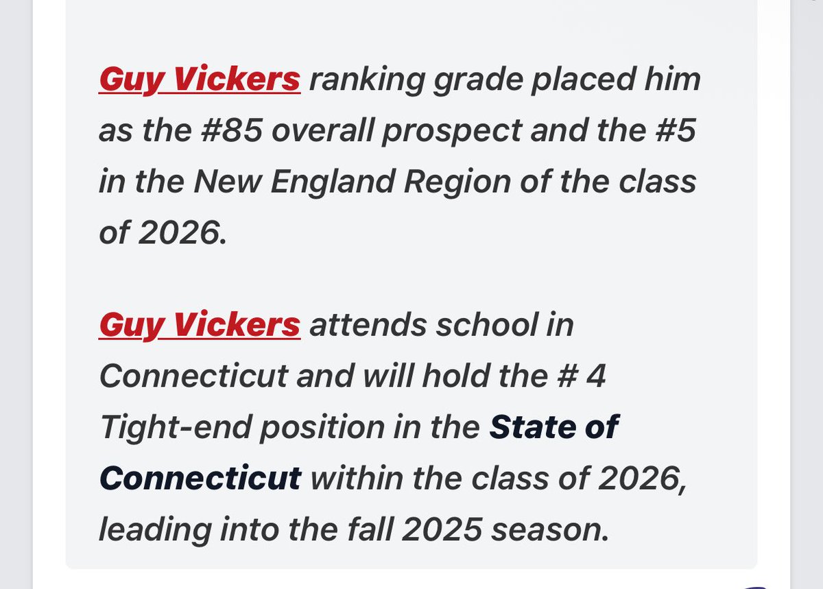 guy_vickers6's tweet image. Thank you @ScoutingNE and @PrepRedzone for the #5 ranking at the Tight End Position and #85 overall player ranking. @STMCT_Football @Coach_Ander5on
@NE6FB_Recruits
@GeradParker1
@CoachStevensFB
@JimRobertsonQB
