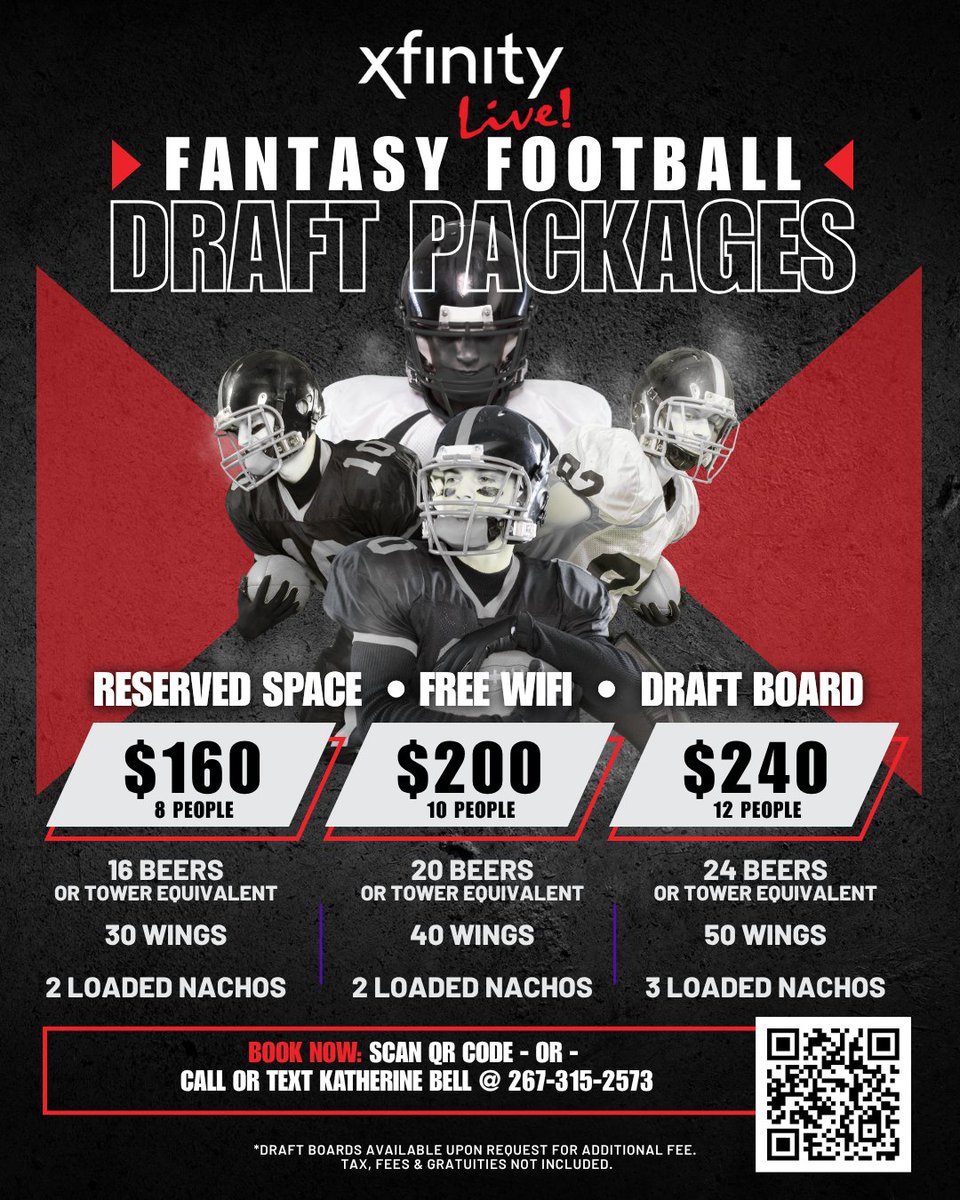 It’s Fantasy Football Draft Season! 🏈
Lock in your league’s draft party at Xfinity Live! with our all-in-one Draft Packages. 
✔️ Reserved Space
✔️ Free WiFi
✔️ Draft Board
✔️ Beer, Wings &amp; Loaded Nachos
📱 Call or text Katherine Belle at 267-315-2573 to book your spot.