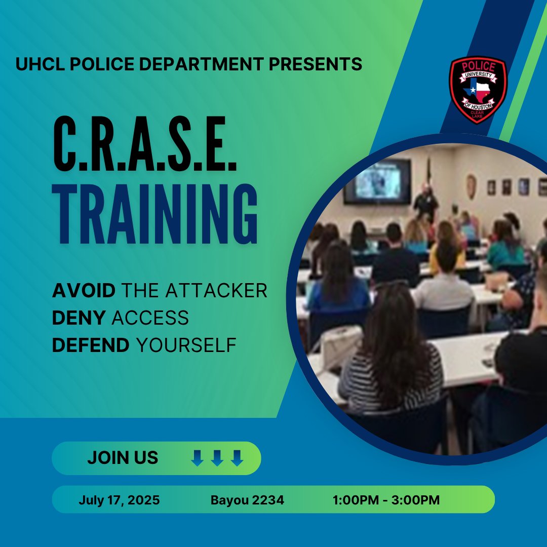 Join us for a CRASE (Civilian Response to Active Shooter Event) on Thursday, July 17th at Bayou 2234 from 1 p.m. to 3p.m. This course is free to everyone! #staysafeUHCL