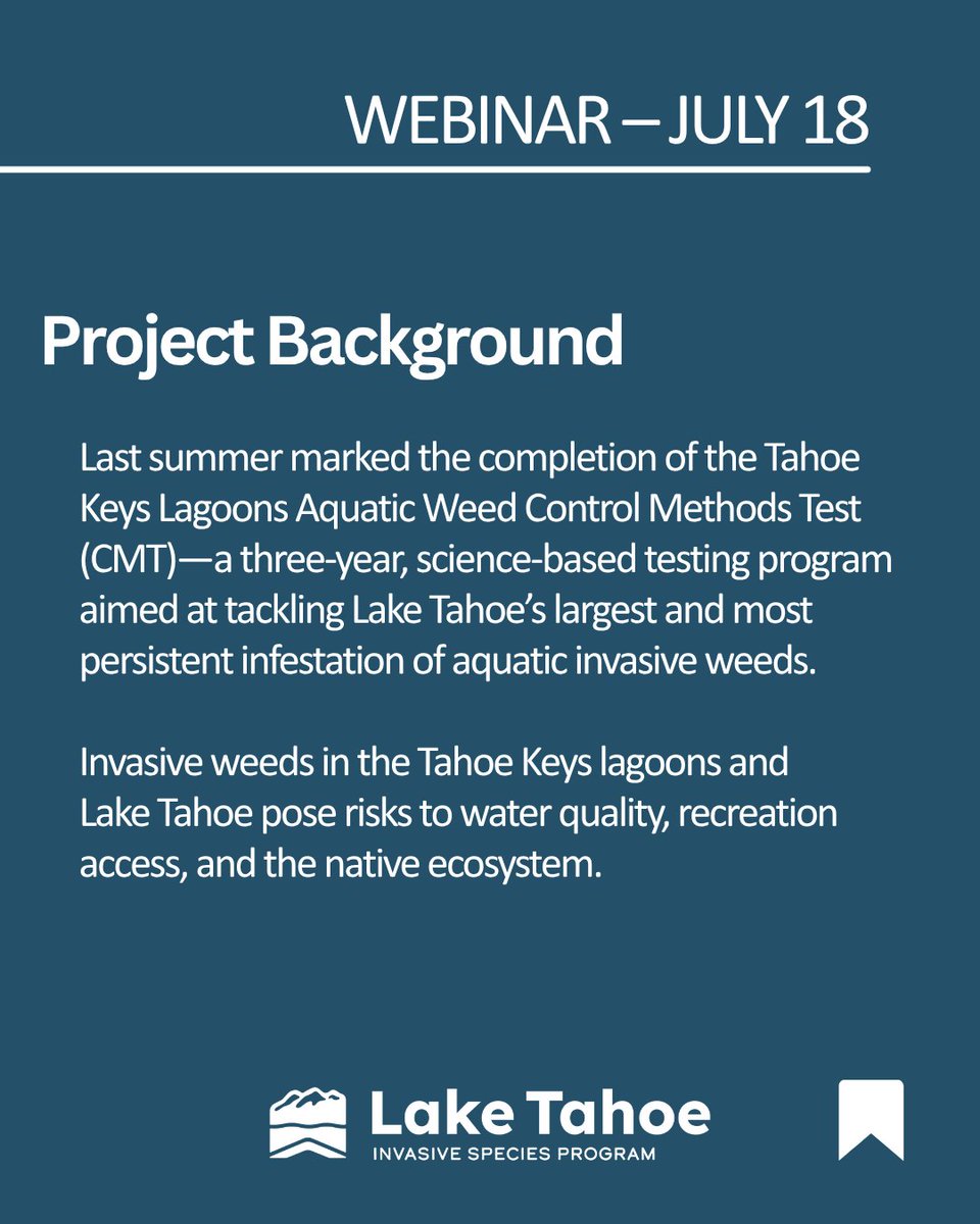 TahoeAgency's tweet image. Join us Friday, July 18, 12–2p.m., for a free webinar on the Tahoe Keys Weeds – Control Methods Test Results.
Hear from experts on:
• Results from the 3-year test
• Current strategies for weed containment
• A live Q&A session
Register: us02web.zoom.us/webinar/regist…
#LakeTahoe