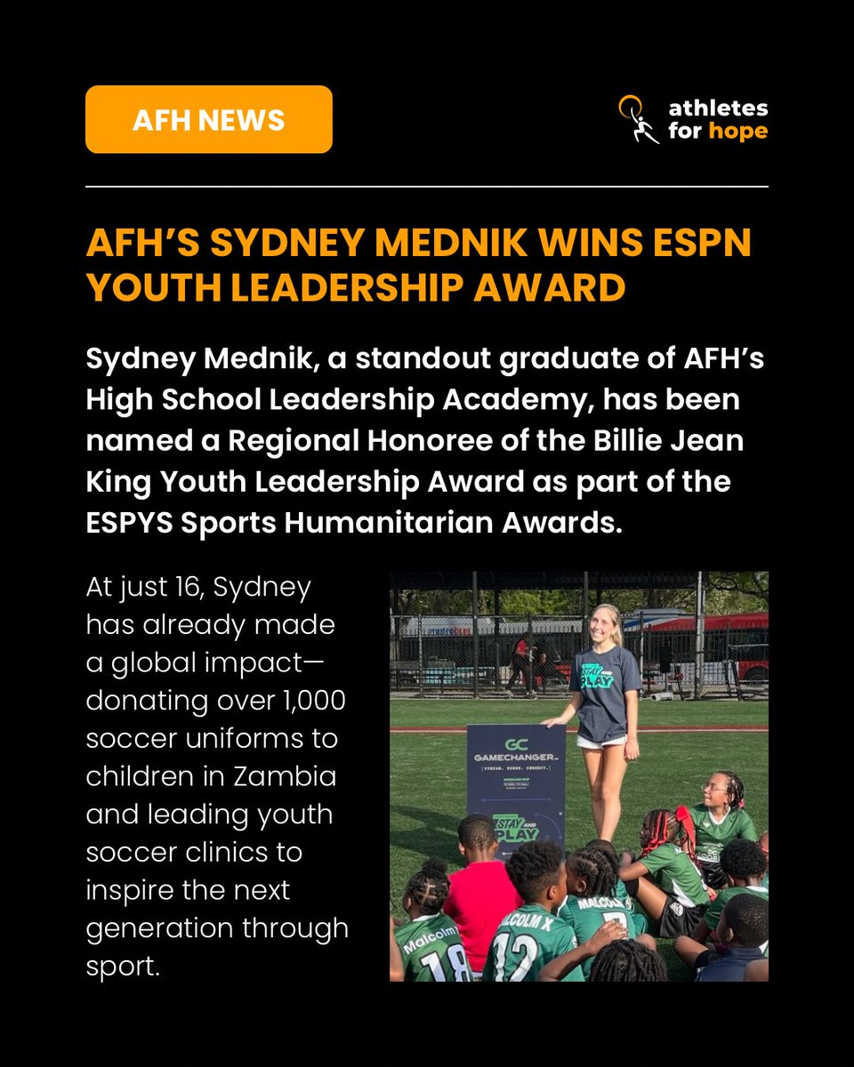 Athletes for Hope (@athletesforhope) on Twitter photo From co-founding Pass with Purpose at just 15 years old to donating over 1,000 soccer uniforms to children in Zambia and hosting youth soccer clinics through the Stay and Play program—<a href="/SydneyMednik/">Sydney Mednik</a> is living proof that athletes can be changemakers both on and off the field. 💪🌍 From co-founding Pass with Purpose at just 15 years old to donating over 1,000 soccer uniforms to children in Zambia and hosting youth soccer clinics through the Stay and Play program—<a href="/SydneyMednik/">Sydney Mednik</a> is living proof that athletes can be changemakers both on and off the field. 💪🌍