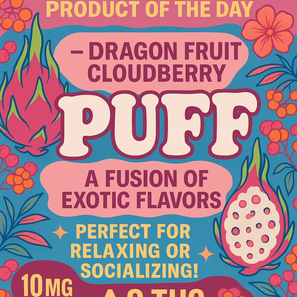 VibingLegally's tweet image. Legally Vibing Product of the Day: Indulge in the tropical allure of Puff – Dragon Fruit Cloudberry. This infused water offers a perfect blend of exotic fruits designed for an elevated yet relaxing experience. Enjoy the delightful fusion of Dragon Fruit and Cloudberry flavors in…