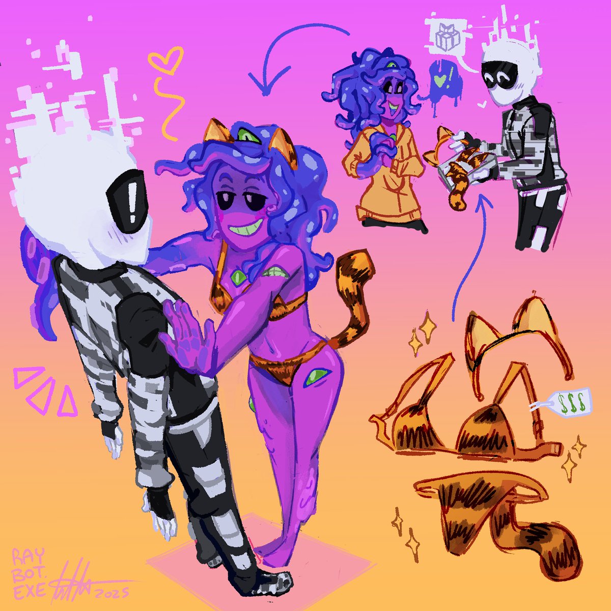 TheGlitchingE's tweet image. Defect's first time at Spooky Con was a chaotically fun weekend. Shout out to Zoe for the invitation.
As thanks, he buys his girlfriend a particular gift, leading to a very spicy reward.
Art by @RayBotEXE.
#monsterprom #monsterpromoc #monsterpromzoe #MonsterCon