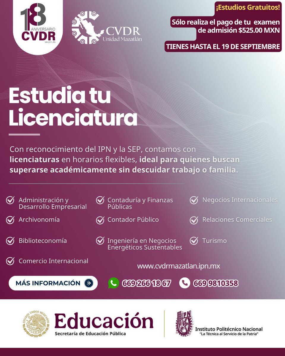 #segundoprocesodeadmisión #2025
📷Estudia una licenciatura o Bachillerato en linea📷
Si te quedaste fuera del primer proceso de admisión, esta es tu nueva oportunidad de estudiar en la modalidad -en línea-.
📷Más información en el WhatsApp: 6692661867.