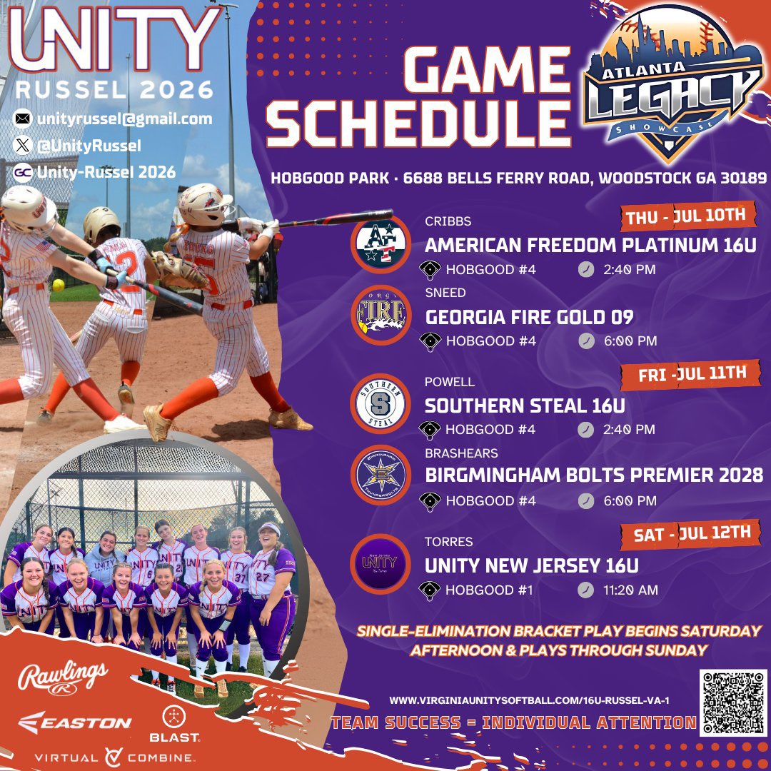 UPDATE: Thursday 6PM game moved to 7! Hope to see you there! 🧡💜 <a href="/UnityRussel/">Unity-Russel Softball</a>