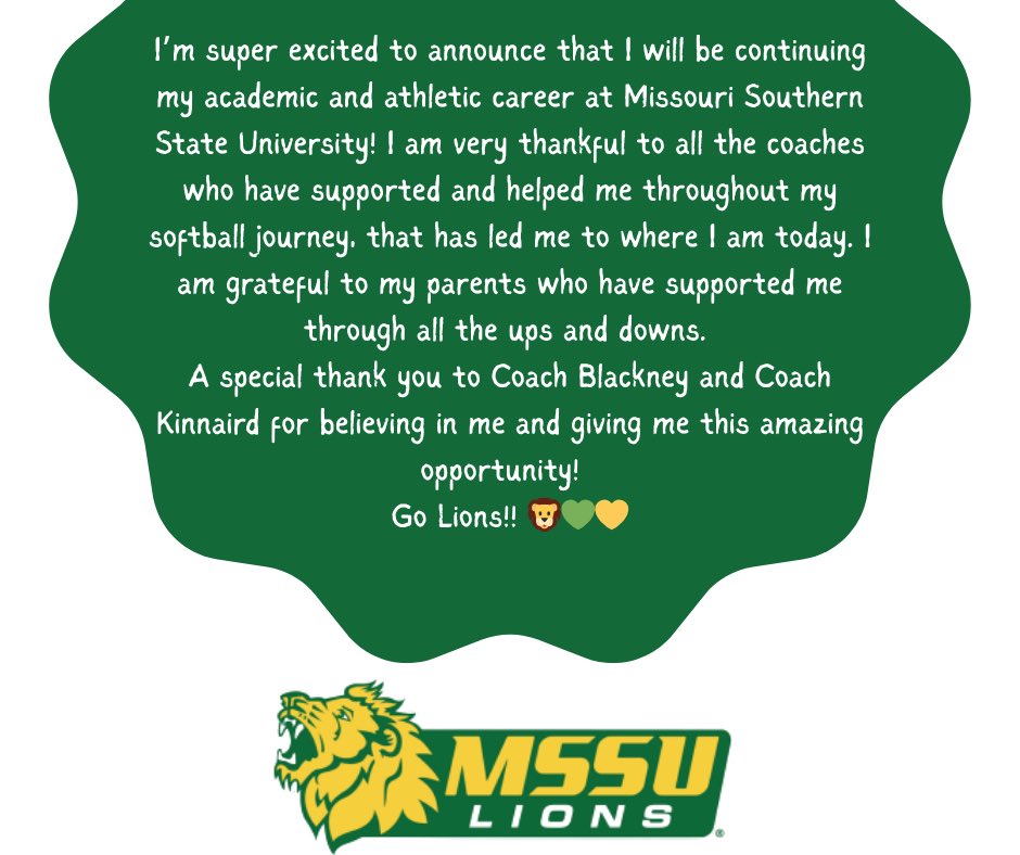 Go Lions!! 🦁💚💛 #committed <a href="/MSSUSoftball/">MSSU Softball</a>