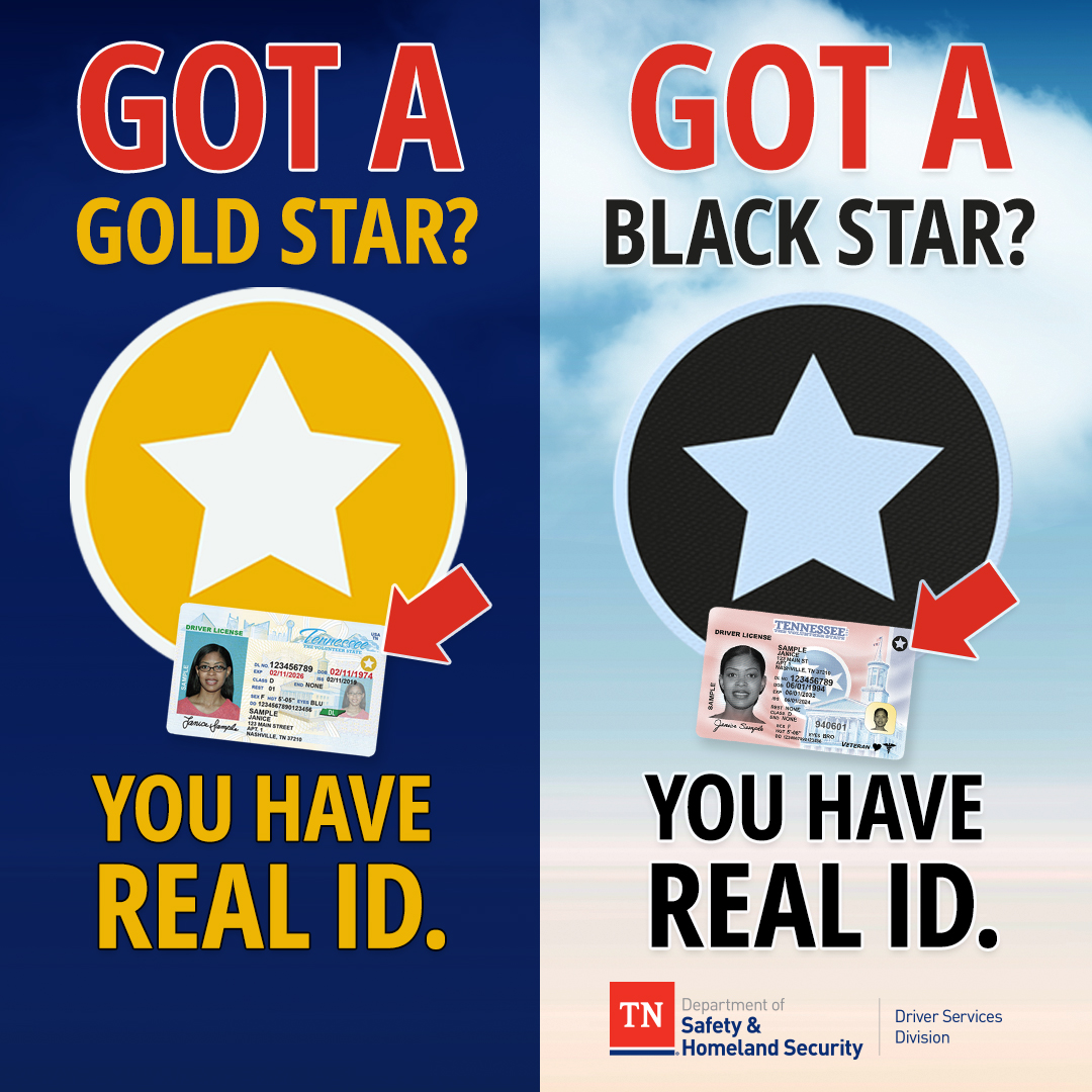 TNDeptofSafety's tweet image. Gold Star -or- Black Star you’ve got #TNREALID.
The new REAL ID design features a black circle with a star, while legacy REAL IDs have a gold circle. New and legacy versions comply with the REAL ID Act and are valid until their expiration date.
Visit: tnrealid.gov