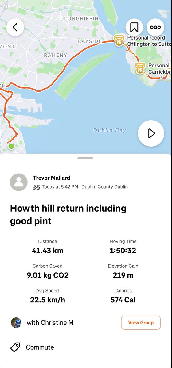 Great evening ride. PB both up and down Howth hill and best 10k time albeit including long down hill