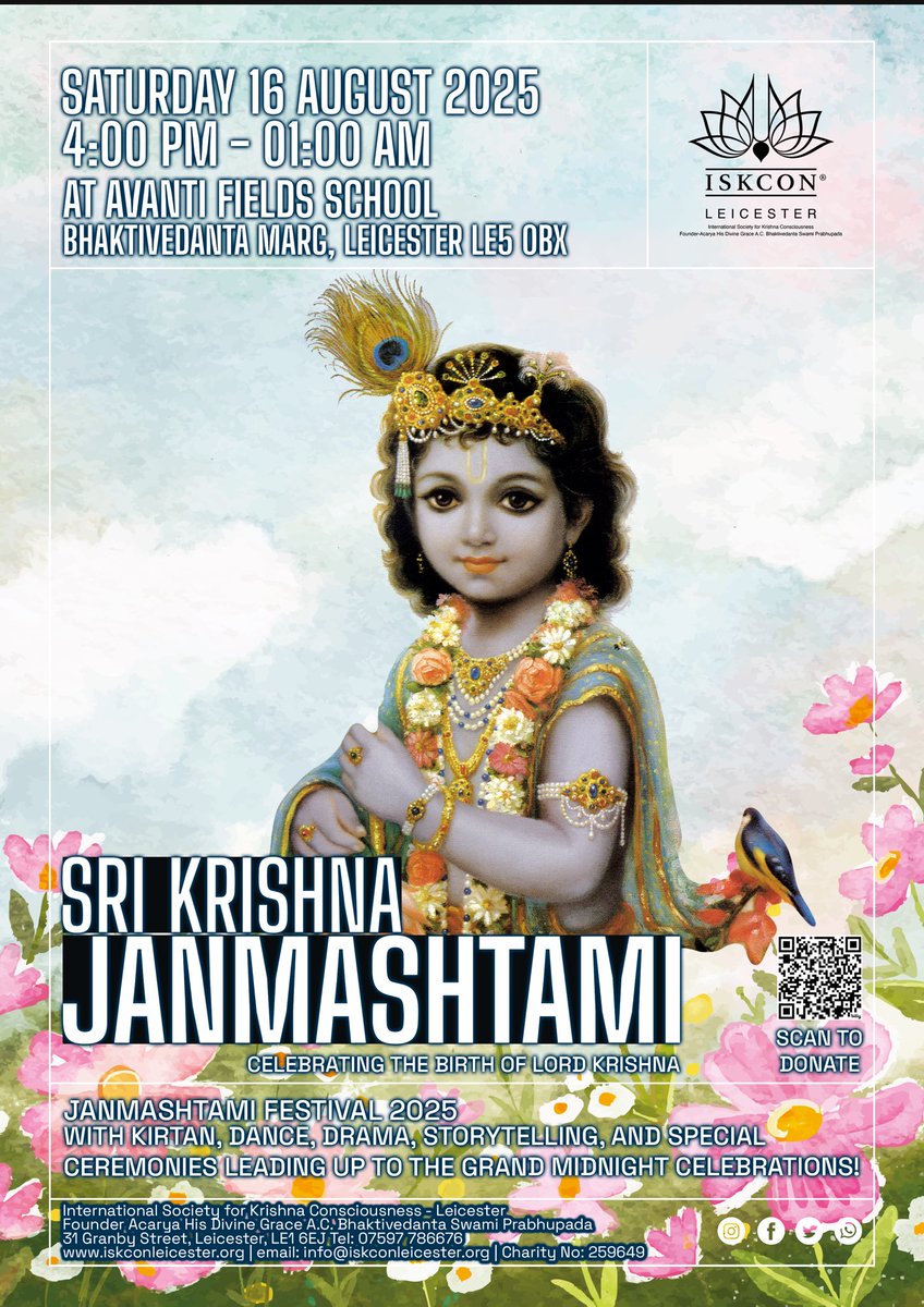 🌟 Celebrate Sri Krishna Janmashtami with us! 🌟
🗓️ Sat 16th Aug | 🕓 4PM–Midnight
📍 Avanti Fields School, Leicester LE5 0BX
✨ Dance | 🎭 Dramas | 🕉️ Meditation | 🍛 Free Veg Meals
All are welcome for a night of devotion &amp; joy! 
#Janmashtami #HareKrishna #ISKCONLeicester
