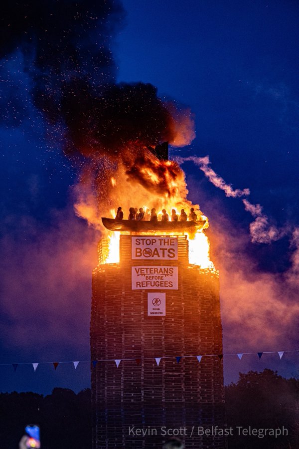 It's 2025 in Brit occupied six counties in the north of Ireland &amp; this hate filled bonfire was set alight tonight in the village of Moygashel. PSNI knew it was there, <a href="/GOVUK/">GOV.UK</a> knew it was there, yet nothing was done. The Loyalists have swapped from Catholic's to migrants to hate.