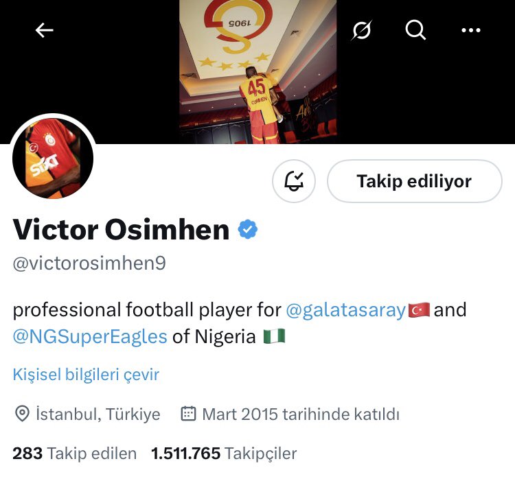 DerinGSMeclisi's tweet image. Victor Osimhen’in profil açıklamasına bakın. “Galatasaray S.K. profesyonel oyuncusu” Osimhen nöbetinde olanlar ses ver…