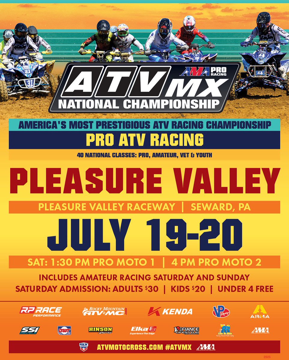 Up Next‼️ Save the date July 19-20 for round 9 of 2025 ATV Motocross Championship season at Pleasure Valley Raceway

Visit the website for more event info ℹ️ #ATVMX #ATVMotocross