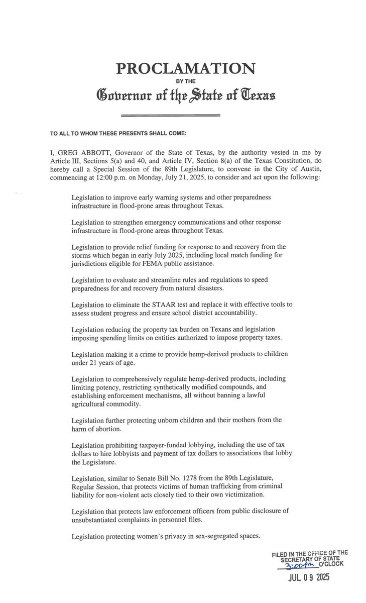 repmaryann's tweet image. The Special Session starts July 21. It can last up to 30 days and will focus on topics set by the Governor. See the list of agenda items below. #txlege #HD144