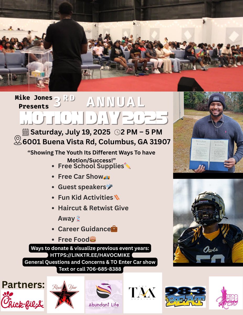 havocmike1's tweet image. Hey whatโs up yโall! ๐๐ฝ Pull up to my 3rd Annual Motion Day Next Saturday
July 19, 2โ5 PM at 6001 Buena Vista Rd, Columbus GA! ๐ Free school supplies, FREE car show & more! ๐ฅ Donateor To visualize the past years event click this link: linktr.ee/havocmike