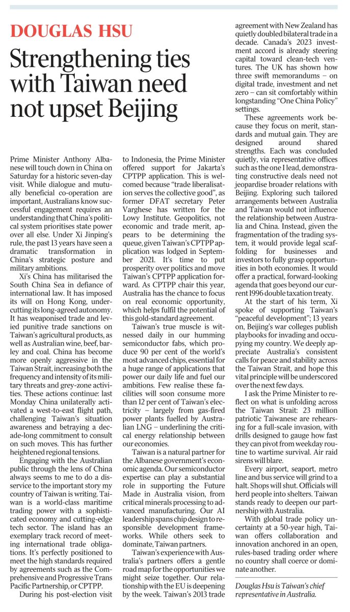 mhar4's tweet image. Substantive and heartfelt commentary from @TaiwanAustralia representative Douglas Hsu in @australian.