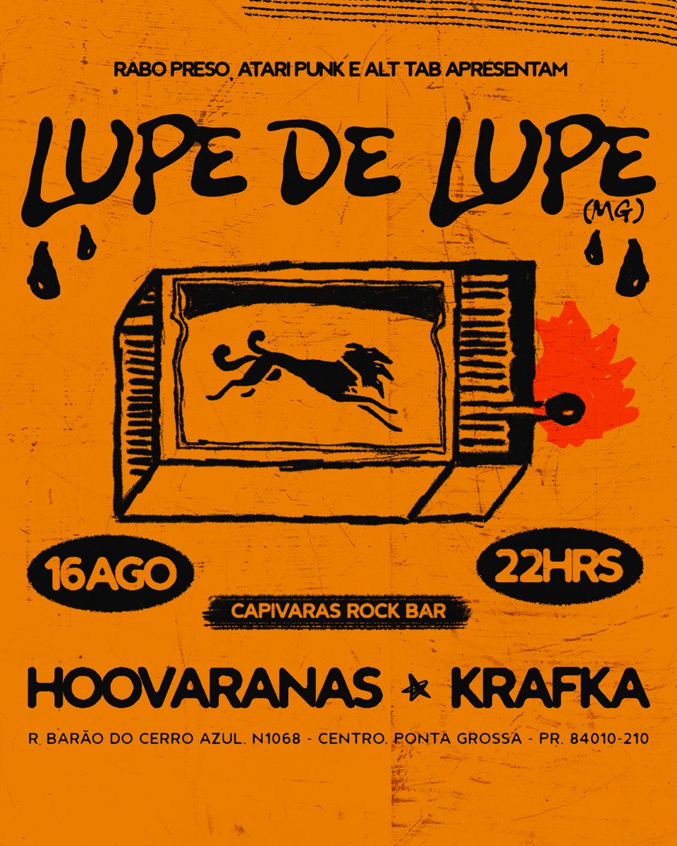 Lupe de Lupe pela 1ª vez em Ponta Grossa + retorno da Krafka + União das 3 produtoras de eventos alternativos mais legais da região, vai tomando! 💥
Vocês NÃO podem perder esse rolê.
///
Arte: ulsca
///
INGRESSOS:
shotgun.live/pt-br/events/l…
///
<a href="/vitorbrauer/">Vitor Brauer</a>
<a href="/AltTabProdutora/">Alt Tab Produtora</a>