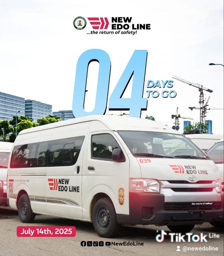 NewEdoLine's tweet image. 4 DAYS TO GO
The road to safer, smarter transport is near.
#NewEdoLine brings comfort, reliability & dignity to every route
Modern
Cashless
Verified drivers
Built for Edo people
Launches July 14, 2025
#NewEdoLine
#4DaysToGo
#TheReturnOfSafety
#DrivenByDignity
#EdoOnTheMove