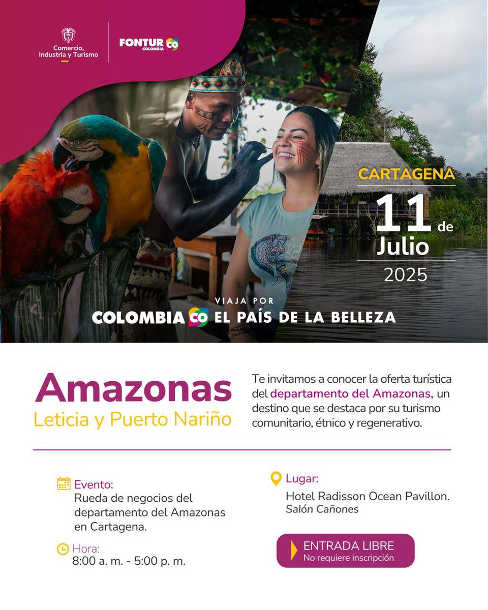 🌴 ¡Atención empresarios de Cartagena!

Amazonas los invita a su rueda de negocios, en la que podrán conocer los atractivos turísticos, culturales y artesanales de este rincón verde de #ElPaísDeLaBelleza 🏝️

📍 Lugar: Hotel Radisson Ocean Pavillon - Salón Agua Marina 1 y 2. 
🗓️