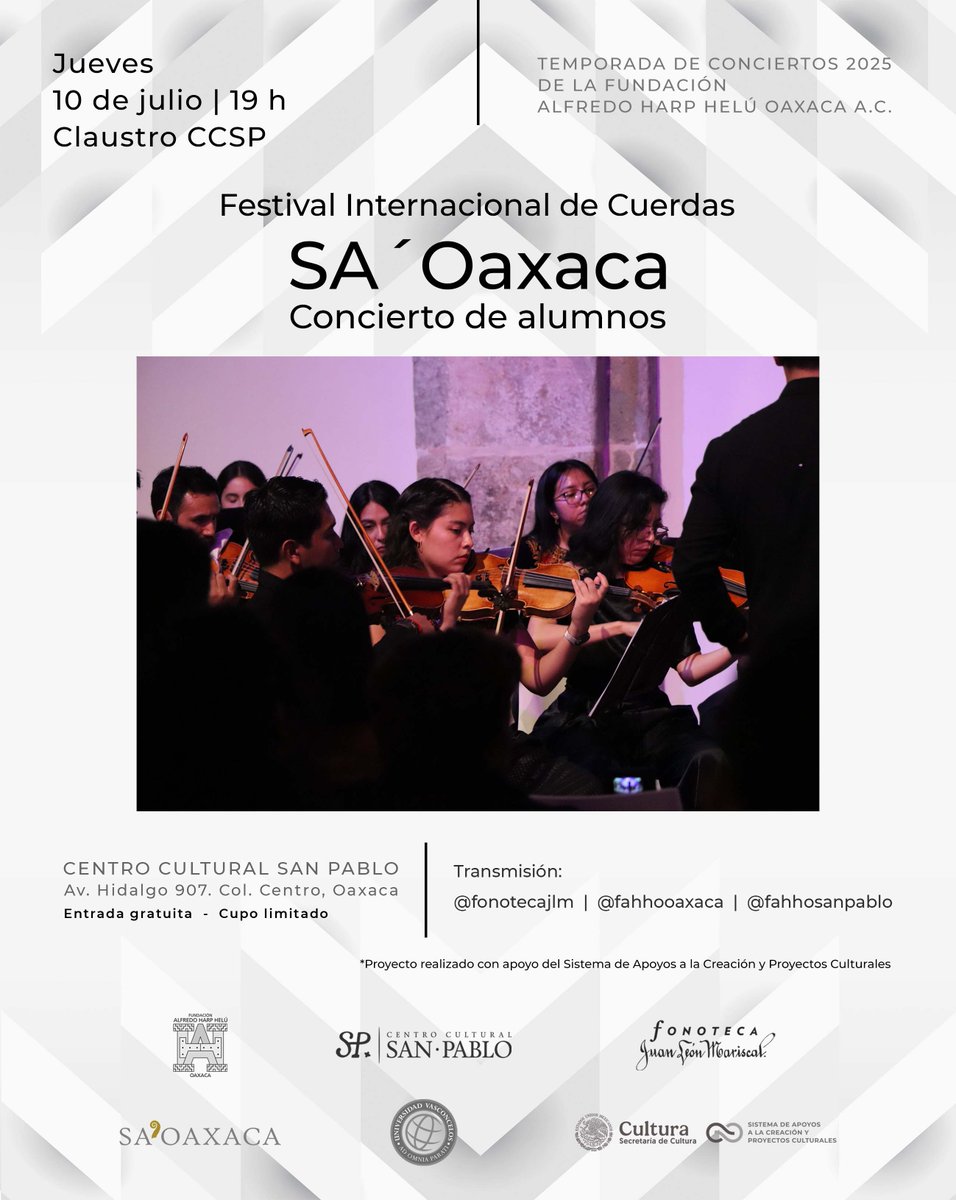 Fundación Alfredo Harp Helú Oaxaca (@fundacionahho) on Twitter photo ¡Esta noche!
La <a href="/FonotecaJLM/">Fonoteca Juan León Mariscal</a> te invita al concierto del Festival Internacional de Cuerdas Sa' Oaxaca.
Jueves 10 de julio / 19 h. / Claustro del <a href="/fahho_sanpablo/">Centro Cultural SP</a>.
Entrada libre. ¡Esta noche!
La <a href="/FonotecaJLM/">Fonoteca Juan León Mariscal</a> te invita al concierto del Festival Internacional de Cuerdas Sa' Oaxaca.
Jueves 10 de julio / 19 h. / Claustro del <a href="/fahho_sanpablo/">Centro Cultural SP</a>.
Entrada libre.