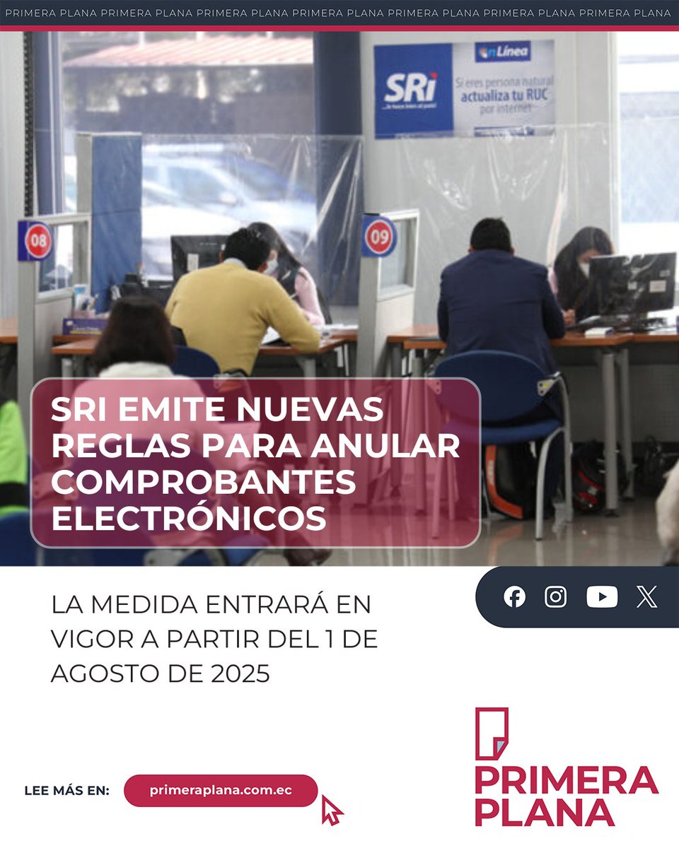 🔴El Servicio de Rentas Internas (SRI) emitió una resolución que fija nuevas condiciones para anular facturas, comprobantes de retención y documentos complementarios electrónicos. La disposición entrará en vigor a partir del 1 de agosto de 2025 y forma parte de la estrategia para