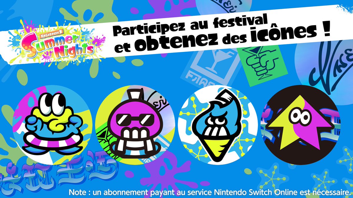 Splatoon_FRA's tweet image. Les abonnés Nintendo Switch Online qui participeront au festival Summer Nights de ce week-end pourront recevoir 100 points platine et des éléments d&apos;icône spéciaux !

Plus d&apos;infos dans l&apos;app Nintendo Switch Online du menu HOME de votre console.