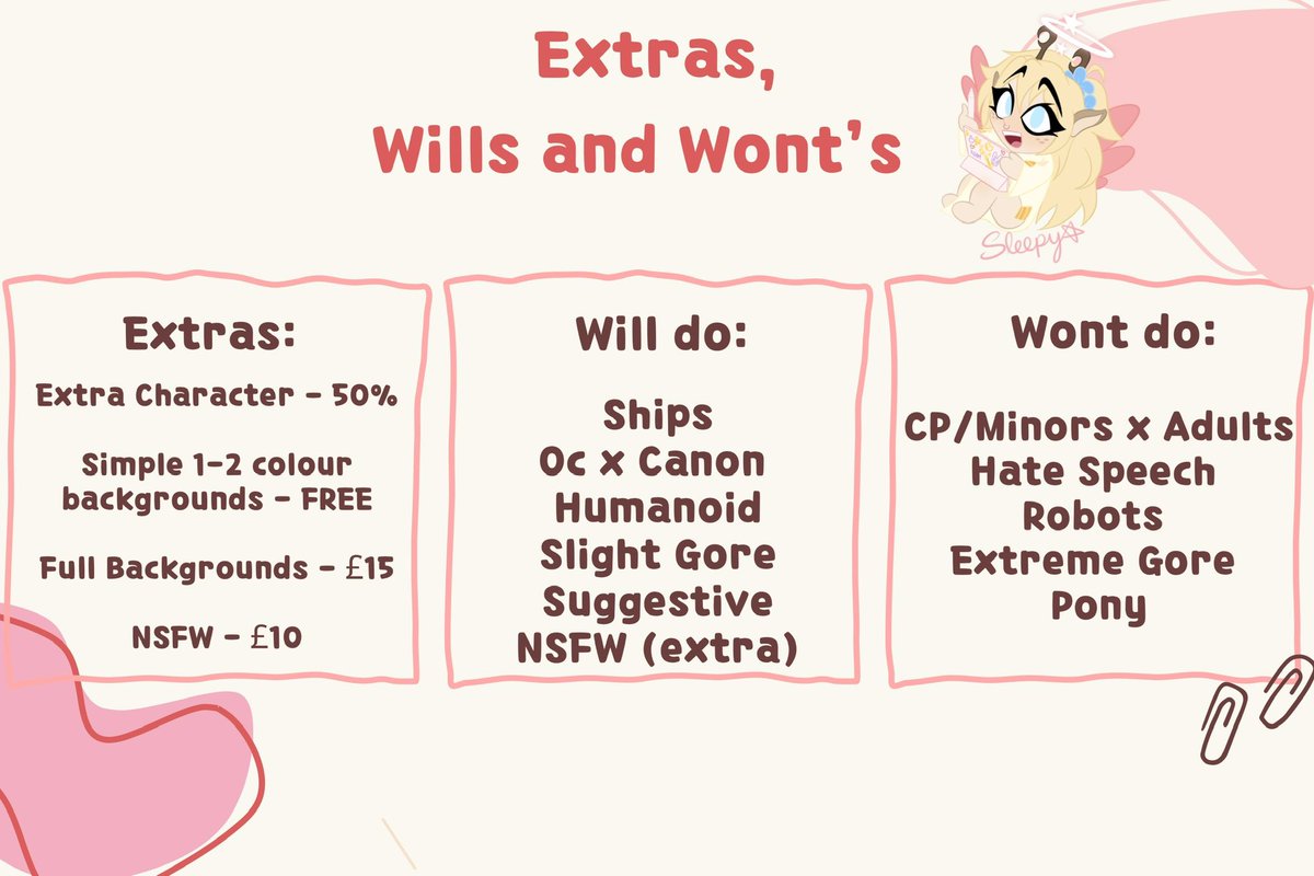 sleepy_star18's tweet photo. ✨ New commission slots are OPEN! ✨
I’ve revamped my pricing a little to reflect better 💖
All enquiries go through DMs!
Slots are limited to 5 at a time so grab yours while you can! 💌🎨 #commissionsopen #artistcommissions #HazbinHotel https://t.co/baf8Rbd2ic