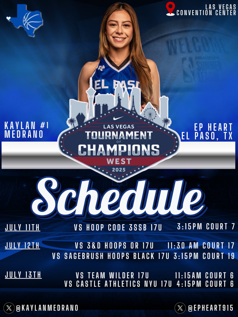 kaylan medrano (@kaylanmedrano) on Twitter photo My team and I are excited to travel to Las Vegas this weekend to compete in the <a href="/niketoc/">Nike Tournament of Champions</a> . Come check us out!💙
<a href="/EPHeart915/">El Paso Heart</a> <a href="/915CoachMarco/">Marco</a> <a href="/HeartDriven_PT/">HeartDriven_PT</a> My team and I are excited to travel to Las Vegas this weekend to compete in the <a href="/niketoc/">Nike Tournament of Champions</a> . Come check us out!💙
<a href="/EPHeart915/">El Paso Heart</a> <a href="/915CoachMarco/">Marco</a> <a href="/HeartDriven_PT/">HeartDriven_PT</a>