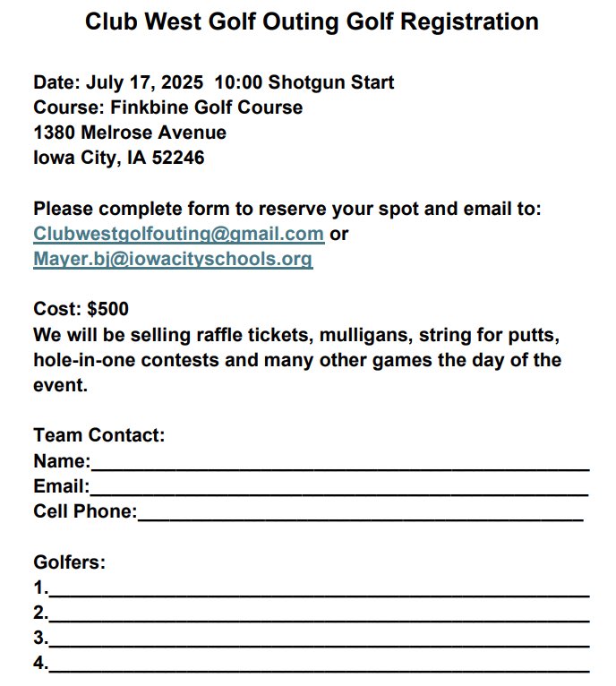 We have room for a few more teams in our <a href="/Club_West_/">Club West</a> <a href="/ICWestAthletics/">Iowa City West Athletics</a> golf outing on Thursday, July 17 <a href="/FinkbineGolf/">Finkbine Golf Course</a> 
DM us or email us. Sign up soon as spots are going fast!
