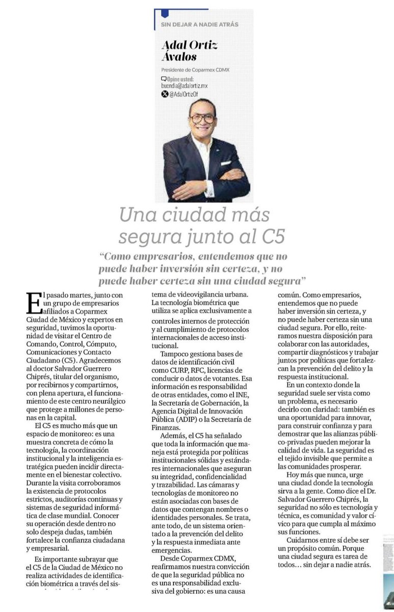 Definitivamente, y como lo señala <a href="/AdalOrtizOf/">Adal Ortiz Oficial</a> en su columna para <a href="/ElFinanciero_Mx/">El Financiero</a>: la seguridad es una responsabilidad compartida. El <a href="/C5_CDMX/">C5 CDMX</a> opera con estándares internacionales para prevenir delitos y fortalecer la seguridad de la #CDMX. Tecnología, coordinación y compromiso