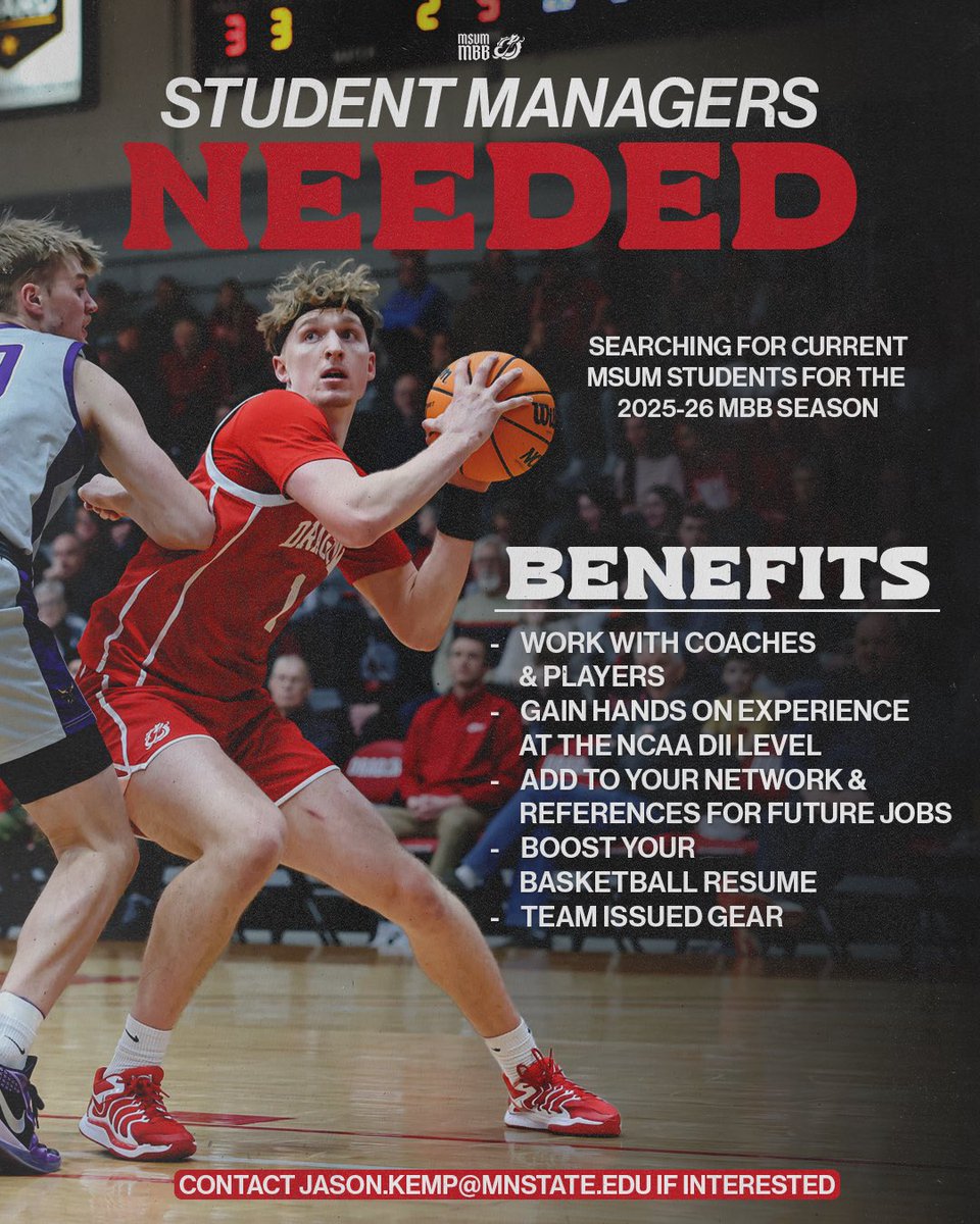 MSUM Men's Basketball (@msum_mbb) on Twitter photo 🚨 ATTENTION MSUM STUDENTS 🚨
looking for 2025-26 student mangers! contact jason.kemp@mnstate.edu if interested
#ONEHEARTBEAT #ROLLDRAGS 🚨 ATTENTION MSUM STUDENTS 🚨
looking for 2025-26 student mangers! contact jason.kemp@mnstate.edu if interested
#ONEHEARTBEAT #ROLLDRAGS