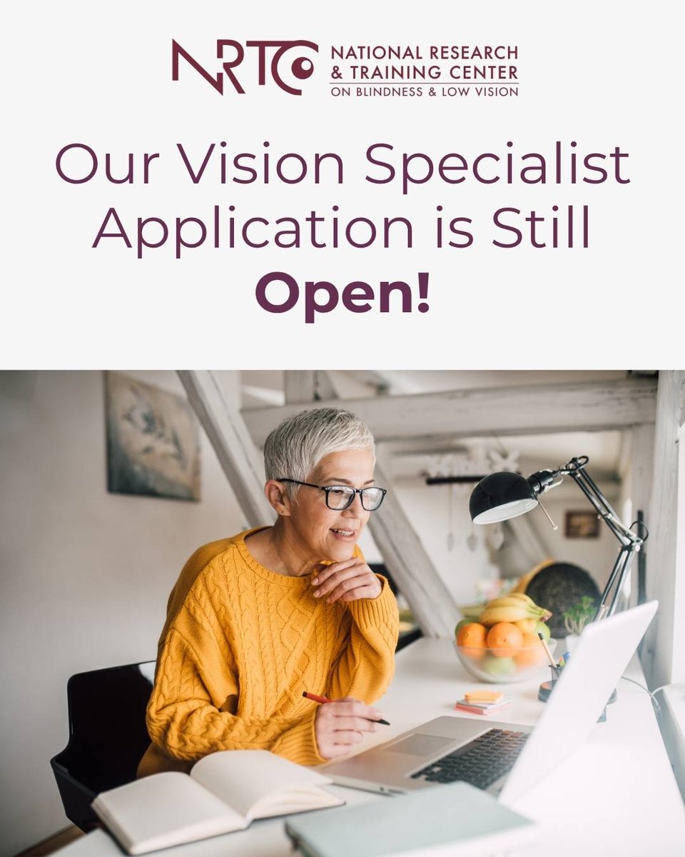 MS State NRTC (@msu_nrtc) on Twitter photo There's still plenty of time to apply for the NRTC’s Vision Specialist Program! Applications are open through October 1 for the next program starting in early January.
Learn more: blind.msstate.edu/training/visio… There's still plenty of time to apply for the NRTC’s Vision Specialist Program! Applications are open through October 1 for the next program starting in early January.
Learn more: blind.msstate.edu/training/visio…