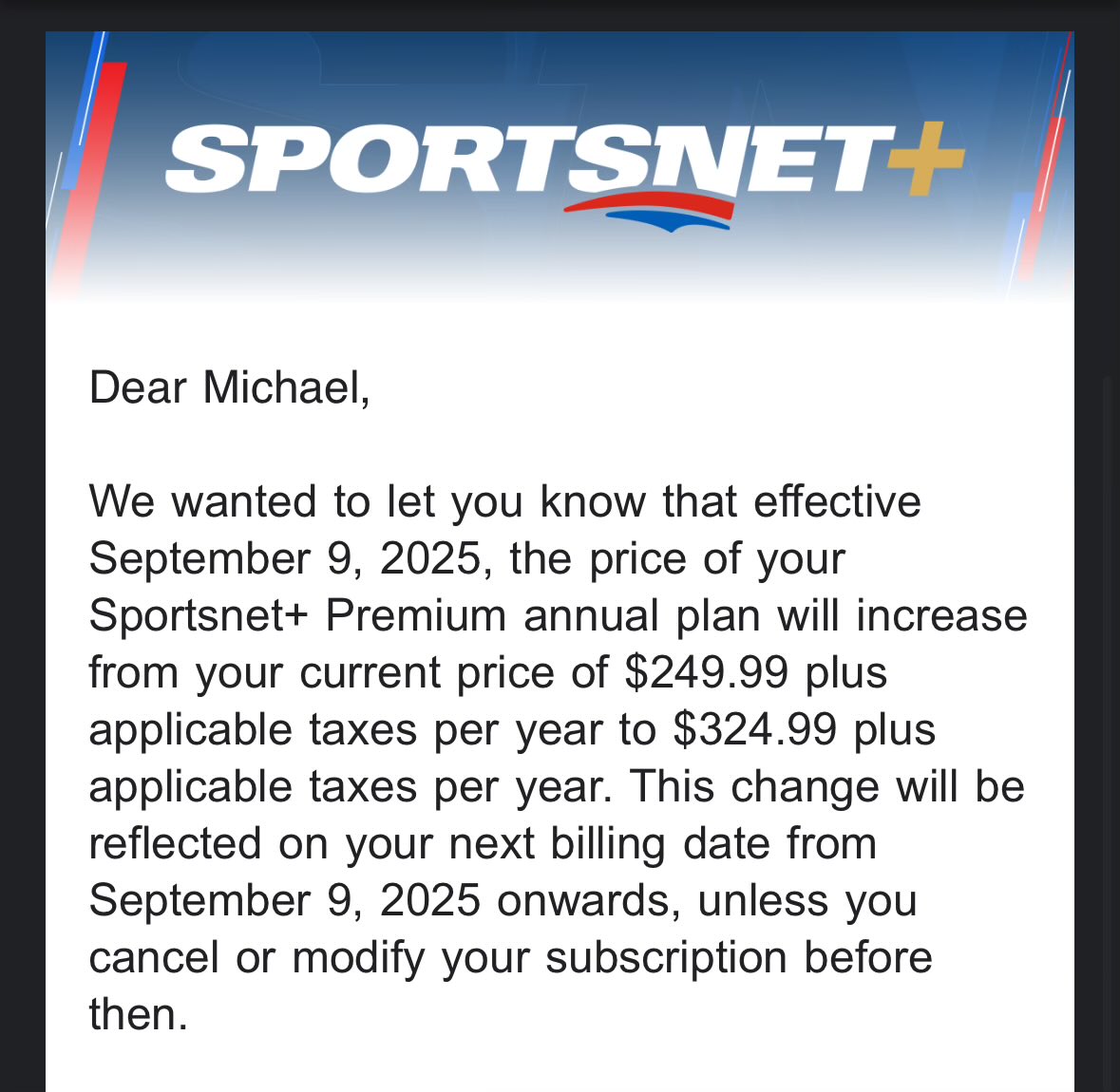 Lmao, what has SN+ done to justify an $80 increase? It’s a full minute behind the broadcast and genuinely one of the leafiest piece of shit services I’ve ever used. Give your heads a shake <a href="/Sportsnet/">Sportsnet</a>