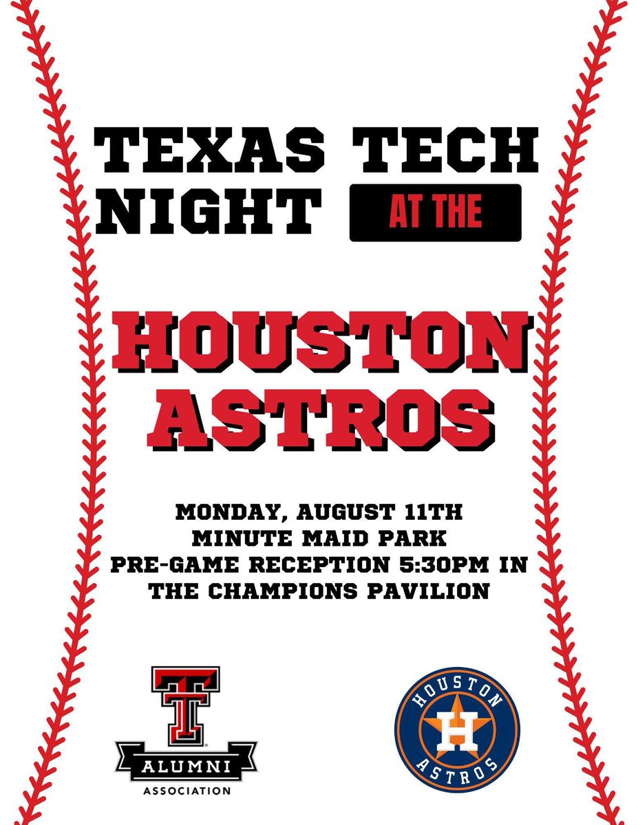 houstonttaa's tweet image. SAVE THE DATE for Texas Tech Night at the Houston Astros!
There will be a Texas Tech pre-game reception at the Champions Pavilion starting at 5:30 pm! Following the reception, the Astros will take on the Boston Red Sox.
The first pitch is scheduled for 7:10 p.m.