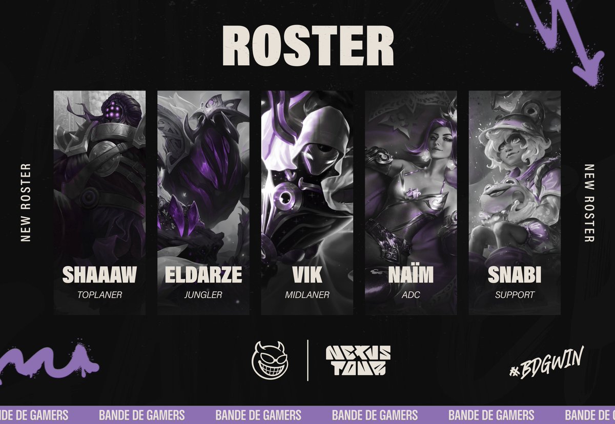 🚨ANNONCE DE ROSTER🚨 Veuillez accueillir comme il se doit l'équipe de BDG qui nous représentera durant l'étape 4 de l'open tour sur League Of Legends.😈😈#TousBDG

Top : <a href="/Shaaaw27/">Shaaaw</a> 
Jungle : <a href="/eldarze_lol/">eldarze</a> 
Midlane : <a href="/Vikzx95/">Vik</a> 
Adc : <a href="/naimtwi/">n</a> 
Support : <a href="/SnabiLoL/">Snabi</a> 

Coach : <a href="/Kami6433/">Mika</a>