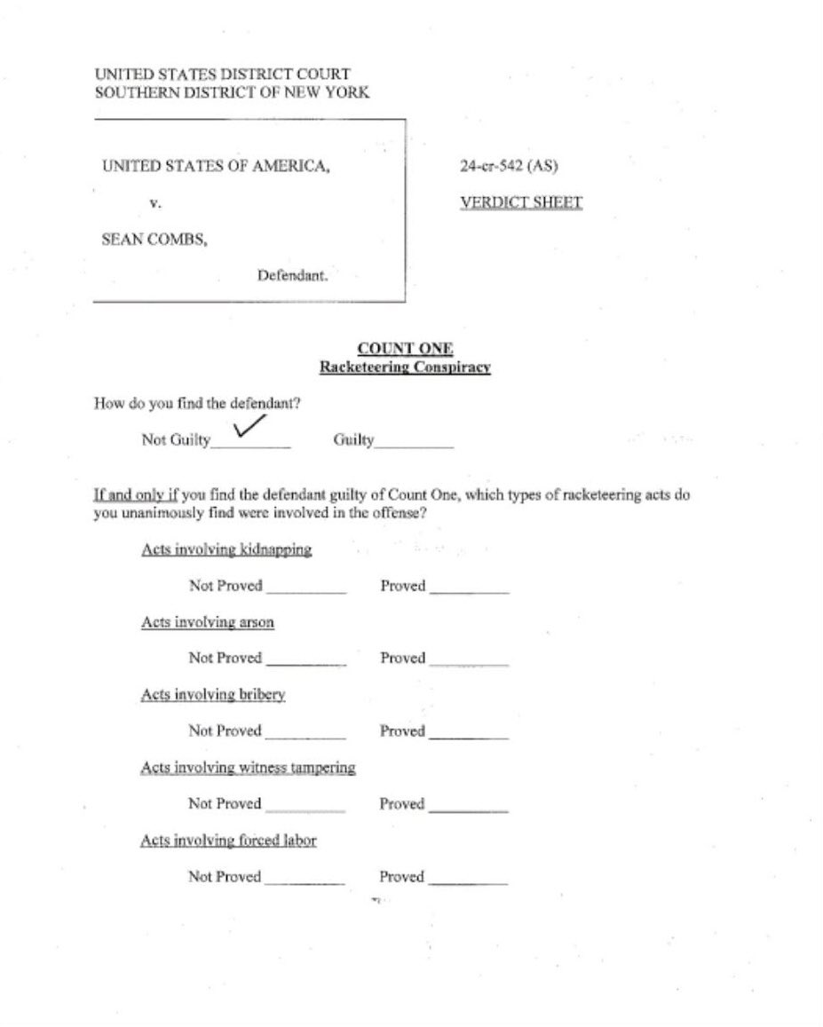 WatsUpTV's tweet image. 🚨 Here is the verdict sheet from Sean P DIDDY Combs’ federal trial. Jurors marked Not Guilty on both sex trafficking and racketeering charges.

Credit photo: : via tmz 

#WatsUpTV #datsWatsUp #pdiddy