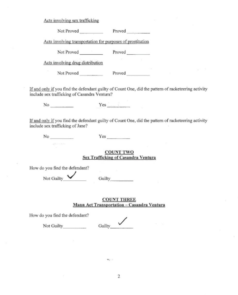 WatsUpTV's tweet image. 🚨 Here is the verdict sheet from Sean P DIDDY Combs’ federal trial. Jurors marked Not Guilty on both sex trafficking and racketeering charges.

Credit photo: : via tmz 

#WatsUpTV #datsWatsUp #pdiddy