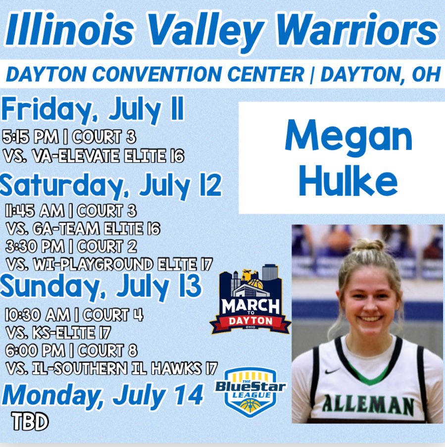 Megan Hulke (@hulke_megan) on Twitter photo Weekend game schedule! Ready to compete in the March to Dayton this weekend in Dayton, OH. <a href="/USJN/">USJN</a> <a href="/iv_warriors/">IV Warriors</a> <a href="/BlueStarMedia1/">BlueStar Media</a> Weekend game schedule! Ready to compete in the March to Dayton this weekend in Dayton, OH. <a href="/USJN/">USJN</a> <a href="/iv_warriors/">IV Warriors</a> <a href="/BlueStarMedia1/">BlueStar Media</a>