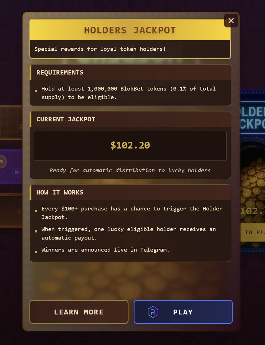 Holders Jackpot section is now updated on the website blokbet.fun 🙌

Now working on the custom PvP Telegram game and also working on ideas to bring more players and buyers into the project 🎰